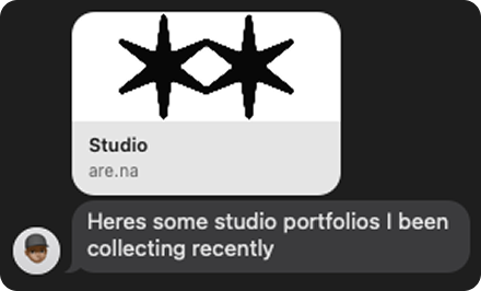 Friend sharing studio portfolios from Are.na
